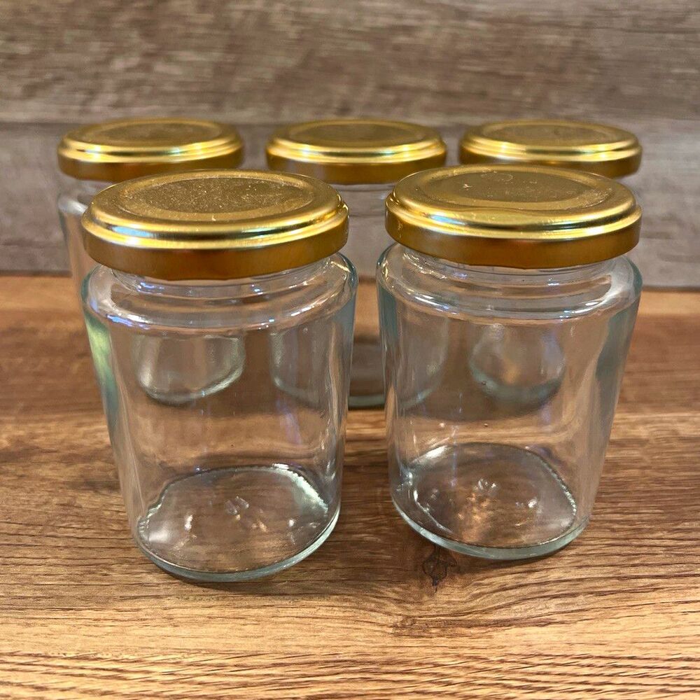 Set of 5 Clear Glass Spice Herb Craft Jars, Cylinder 3.25in, Gold Metal Lids